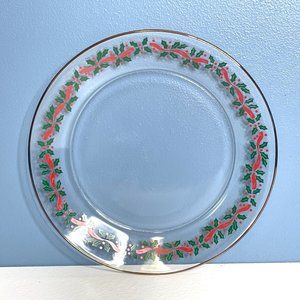 Arcoroc 8" Salad Plate Clear Holly & Berries‎ w/Ribbon Gold Rim